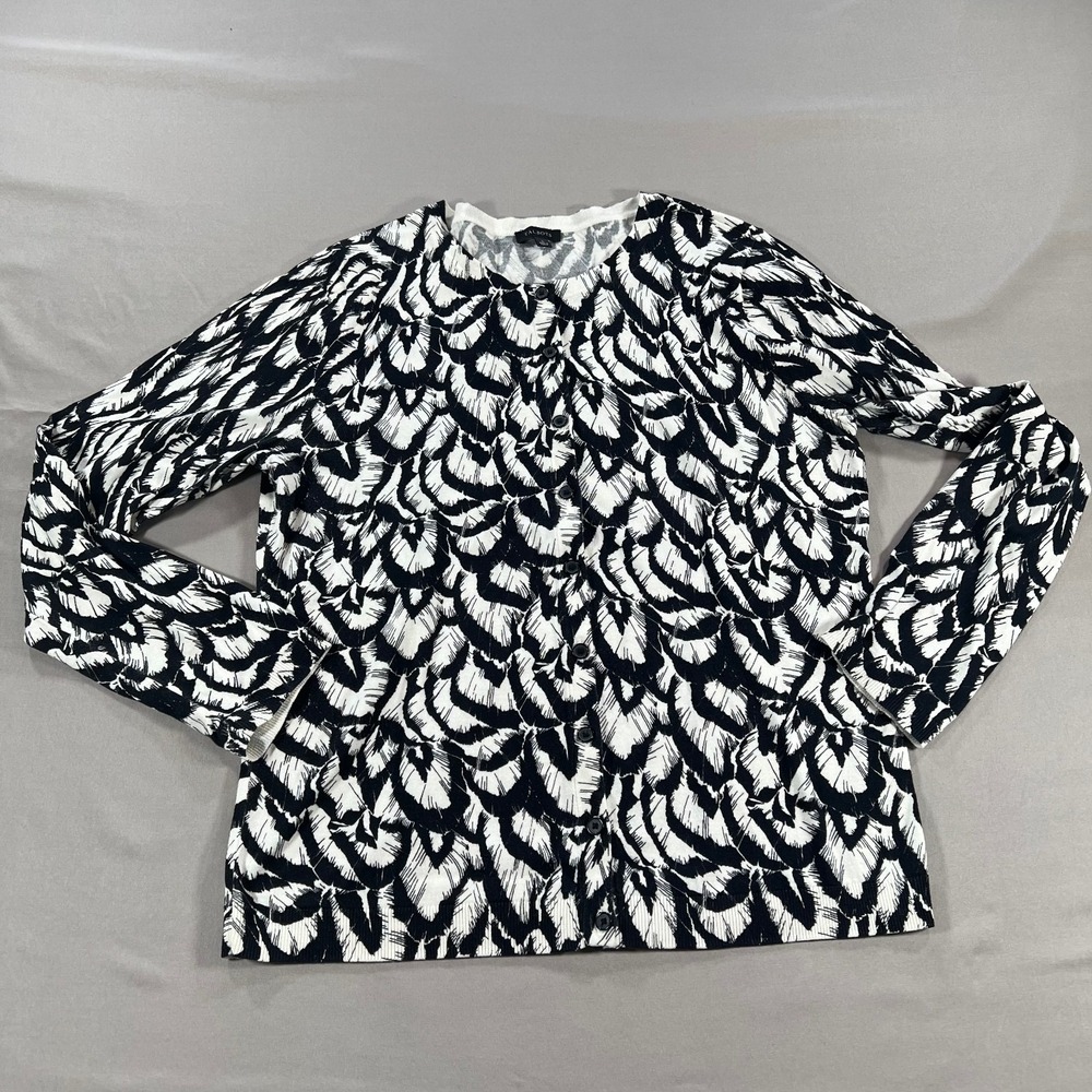Chic Black White Graphic Cardigan Feather Print Women's Large Button Front Light